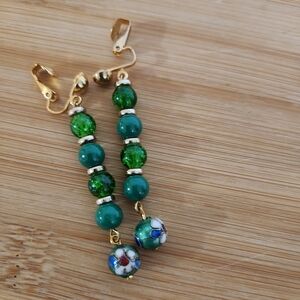 Hand Crafted Clip On Earrings Green Dangle Cloisonne Crackle Beads Drop